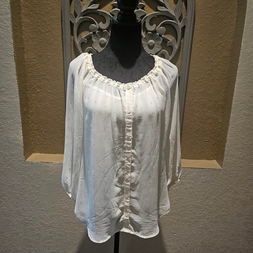 Liz Claiborne S Cream Peasant Blouse Gold Metallic Romantic Cottagecore Top - Picture 2 of 14